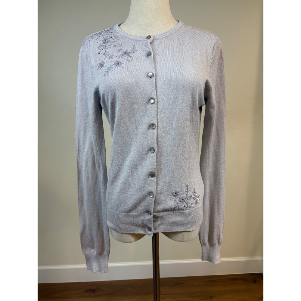 Vtg Y2k Maurices Cardigan M grey Lavender Beaded Embroidered Delicate Preppy